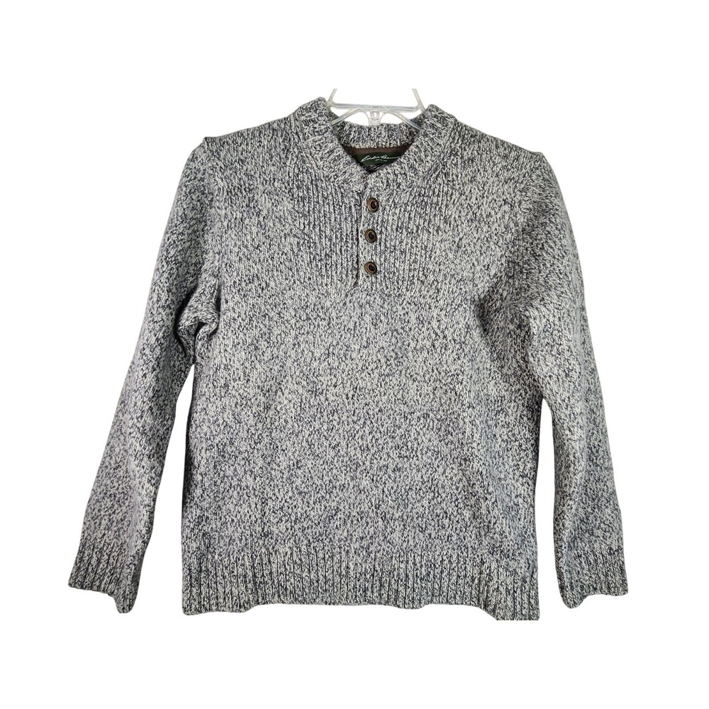 Eddie Bauer Mens Large Lambswool Henley Sweater Gray Marled Outdoor Classic Cozy